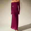 Schulterfreies weinrotes Abendkleid aus Netzstoff mit Pailletten und ausgestellten Ärmeln - XS / Burgunderrot