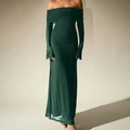 Elegantes schulterfreies dunkelgrünes Maxikleid mit Glitzer und langen Ärmeln für Damen - XS / Dunkelgrün