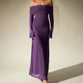 Funkelndes lila schulterfreies Maxikleid mit ausgestellten Ärmeln und Glitzermesh - XS / Lila