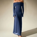 Navy blue off-shoulder mesh maxi dress with silver glitter and elegant bell sleeves - XS / Navy Blue