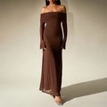 Off-shoulder long sleeve maxi dress in dark brown with shimmering silver glitter pattern - XS / Dark Brown