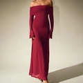 Elegant wine red mesh dress with glitter detail and off-shoulder long sleeves - XS / Burgundy