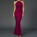 Elegante abito da sera bordeaux allacciato al collo con paillettes e taglio a sirena - XS / Rosso Scuro