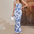 Elegantes figurbetontes Kleid mit Blumenmuster, Rückenschnürung und blauen Blumen auf Seide - XS / Weiß mit blauen Blumen