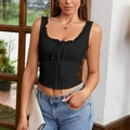 Sexy zwart korset met veters, kant en verticale plooien gecombineerd met denim - XL / Zwart