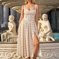 Floral print midi dress with corset waist and high slit in cream and pink tones - XS / White Pink Rose