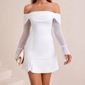 Elegant white off-shoulder mini dress with mesh long sleeves and side slit detail - XS / White