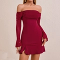Elegant burgundy off-shoulder mini dress with mesh bell sleeves and side slit detail - XS / Burgundy