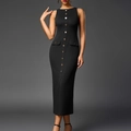 Elegantes schwarzes ärmelloses Maxikleid aus Rippstrick mit Knöpfen und Taschen - XS / Schwarz