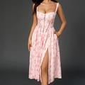 Pink floral midi slip dress with corset bodice and high side slit for women - XS / Pink Print