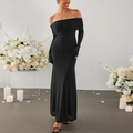 Elegantes schulterfreies schwarzes Maxikleid mit langen Ärmeln für formelle Abendpartys - XS / Schwarz