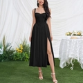 Elegant black corset dress with side slit and sophisticated wide shoulder straps - XS / Black