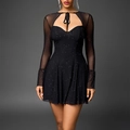 Schwarzes Mesh-Minikleid mit Sternenpailletten, transparenten Ärmeln und Herz-Mieder - XS / Schwarz