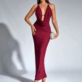 Elegant wine red mesh dress featuring sparkling sequins, halter neck and deep v-neckline - XS / Dark Red