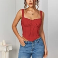 Red lace corset top with slim fit and bow tie detail, elegant vintage cropped camisole - XS / Red