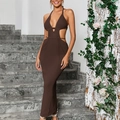 Deep brown crochet knit maxi dress with halter neckline and sexy waist cut-out details - Tan