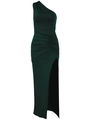 Elegantes dunkelgrünes One-Shoulder-Kleid mit Raffung und hohem Seitenschlitz - XS / Dunkelgrün