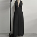 Elegant black halter maxi dress with a deep V-neckline and high side slit detail - XS / Black