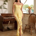 Elegantes langes Netzkleid in Hellgelb mit Rüschen und sexy rückenfreiem Design - XS / Gelb