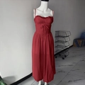 Deep red square neck sundress with bow waist, lace trim, and open back for summer vacations - S / Red