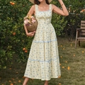 Abito estivo a fiori con scollo quadrato e bordi in pizzo in stile francese chic - XS / Giallo Stampa Blu