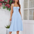 Light blue floral midi dress with corset-style lace-up bust and elegant slit - XS / Blue