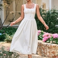 Elegant white square neck backless maxi dress with slim waist and flowing sun skirt - XS / White