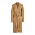 Brown long plush sherpa robe with adjustable waist belt and large pockets for winter comfort - One Size / Khaki