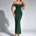 Elegant emerald green off-shoulder mesh midi dress with ruched detail and fishtail silhouette - Dark Green
