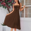 Deep brown spaghetti strap midi dress with corset bodice and front tie drawstring detail - XS / Brown