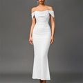 Elegantes weißes schulterfreies Bodycon-Maxikleid mit Raffungen und Meerjungfrau-Saum - XS / Weiß