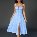 Sexy blue and white gingham midi dress with thin straps and a high side slit - XL / Blue Plaid