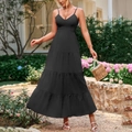 Abito lungo nero a balze con scollo a V e spalline sottili per l'estate - XS / Nero