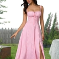 Pink gingham sleeveless midi dress with front ribbon bow and side slit for summer - XS / Pink Plaid