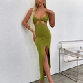 Robe moulante vert avocat sexy avec découpes et fente haute pour un look chic de soirée - Vert olive