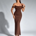 Elegant off-shoulder ruched bodycon maxi dress in coffee brown with sheer mesh fabric - Brown