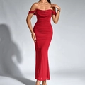 Elegant red off-shoulder mesh midi dress with ruched details and bodycon fit - Red
