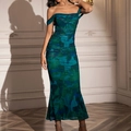 Tight mesh mermaid dress with off-shoulder neckline and blue abstract tie-dye print - Green Floral