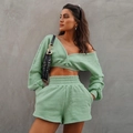 Damen Set aus mintgrünem V-Ausschnitt Crop-Sweatshirt und Shorts mit hoher Taille - XS / Minzgrün