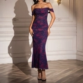 Deep purple floral bodycon maxi dress with off-shoulder fringe sleeves and mesh ruching - Deep Purple Print