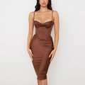 Robe midi en satin marron foncé avec col bénitier et détails baleines de corset - XS / Marron