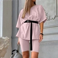 Rosa Damen Freizeit-Set aus lockerem T-Shirt, Radlerhose und schwarzem Gürtel für den Sommer - S / Rosa