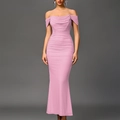 Elegant pink off-shoulder bodycon dress with mesh ruching and fishtail silhouette - Pink