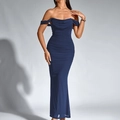 Elegant navy blue off-shoulder ruched maxi dress with slimming bodycon fishbone fit - Dark Blue