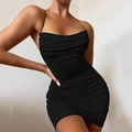 Sexy black ruched bodycon mini dress with thin spaghetti straps and backless design - XS / Black