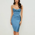 Robe midi en satin bleu poudré avec col bénitier et détail de corsage corset - 2XL / Bleu