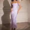 Slim fit purple floral off-shoulder long dress with elegant ruching and side tie details - Purple Print