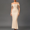 Elegant beige off-shoulder ruched bodycon maxi dress with fishtail hem and slim fit - Apricot