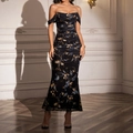 Elegant off-shoulder bodycon fishnet dress in black with vibrant floral print - Gold Print