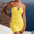 Mini abito giallo arricciato con scollo all'americana e dettaglio cut-out estivo - S / Giallo Limone